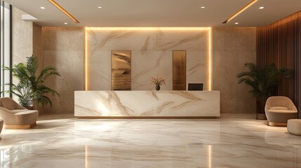 Elegant luxury hotel lobby reception area, featuring plush furnishings, grand decor, and a warm, welcoming ambiance for guests.
