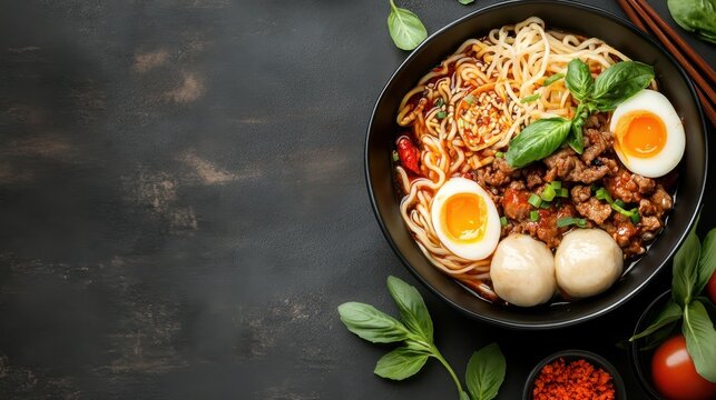A tantalizing bowl of noodles garnished with fresh ingredients, presented beautifully, evoking a sense of appetite and joy in the culinary arts and flavor exploration.