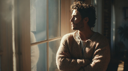 Man looking out the window in the morning light, lost in thought.