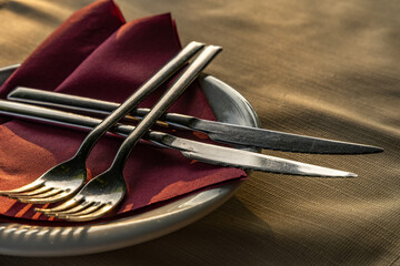 Cutlery, knives, forks arranged on an elegant burgundy napkin on a plate in a restaurant,