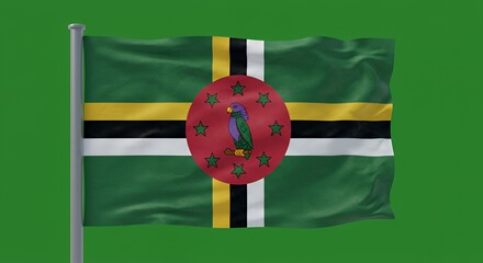 Dominica's vibrant flag billows proudly against a green backdrop.