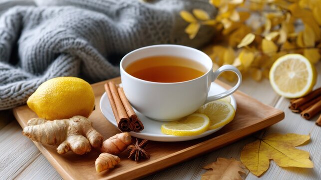 Autumn Immunity Tea Setup with Turmeric Root, Ginger Slices, Cinnamon Stick, and Lemon on Cloth Background - Powered by Adobe