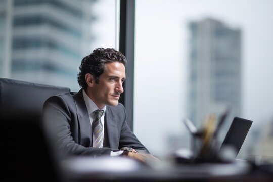 an attractive male CEO in his late thirties, sitting at his desk and gazing thoughtfully out the window at the cityscape