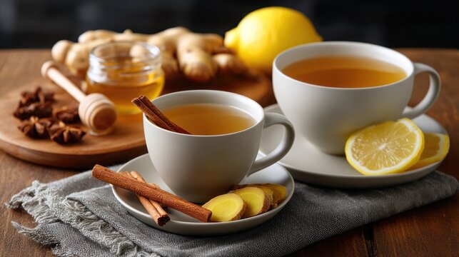 Autumn immunity tea setup with turmeric root, ginger slices, cinnamon stick, and lemon on cloth background, cozy seasonal vibe