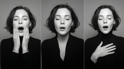 A stunning black and white triptych showcases a woman's various emotional expressions.
