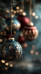 Decorative holiday ornaments hanging on a Christmas tree capturing the festive spirit during the winter season