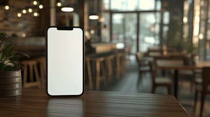 Smartphone with blank screen on wooden table in cozy café setting with blurred background