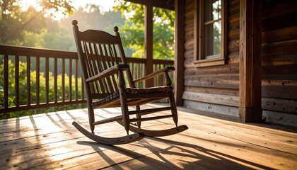 Worn wooden rocking chair on porch bathed in soft morning light