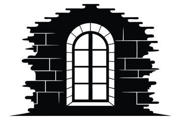 Black Silhouette of Arched Window Set in Rough Stone Wall Illustration