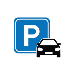 Flat vector icon of a blue parking sign with a car silhouette. Ideal for navigation, urban planning, car services, apps, transport maps, or signage-related graphic design projects.