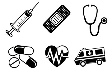 Medical equipment icons isolated on white background