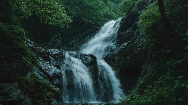 This  captures a misty waterfall in a dense forest. The scene is serene and picturesque, offering a glimpse into the beauty of nature untouched by urban development.