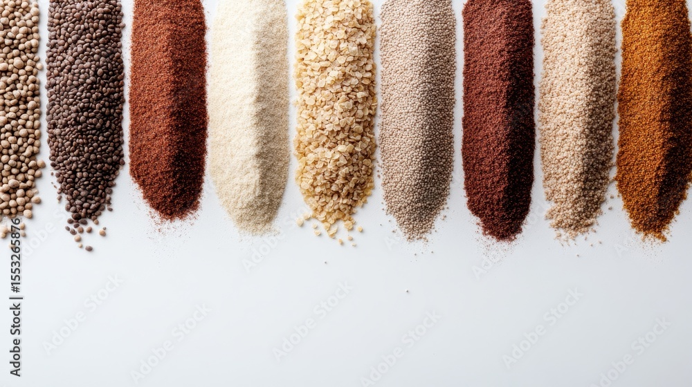 Poster an artistic arrangement of various spices and powders showcasing a spectrum of colors and textures, 
