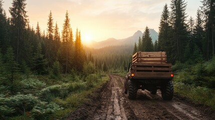 Naklejka premium This rugged vehicle navigates a muddy forest trail at sunset, showcasing the thrill of adventure and exploration in the heart of nature's pristine environment.