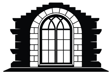 Black and White Illustration of Arched Window with Stone Frame and Brick Wall