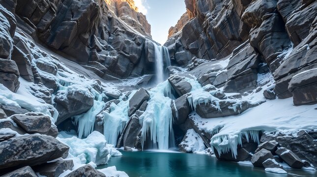 Frozen waterfall in rocky mountain gorge