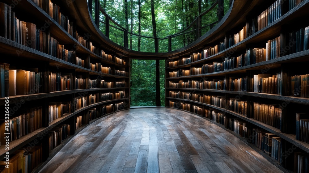 Poster a captivating library space surrounded by trees, featuring elegant bookshelves, inviting readers int