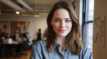 A beautiful woman with freckles smiles in a brightly lit office environment.
