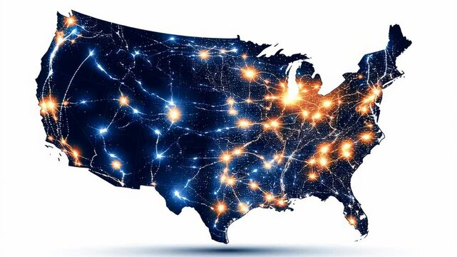 USA Network Connections - An abstract illustration of the United States map with glowing nodes and lines representing connections and networks across the country.