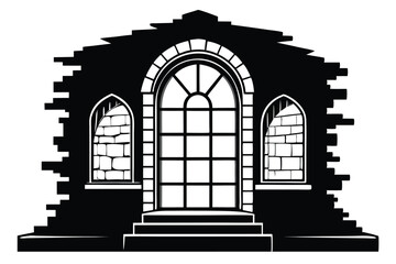 Fototapeta premium Abstract Castle Entrance with Arched Windows, Brickwork, and Steps Black Silhouette Design