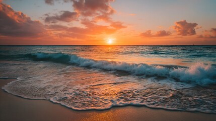 Fototapeta premium Caribbean sunset with orange and pink hues, calm waves, and a clean horizon, evoking serenity and natural beauty.