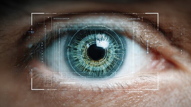 Close up of human eye with digital scanning interface showing biometric security and futuristic technology - Powered by Adobe