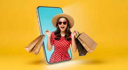 Young attractive asian female holding shopping bag feeling excited, happy and amaze on beauty or fashion online store discount promotion with concept tech on omnichannel e-commerce thru mobile screen.