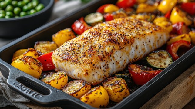 Baked fish fillet with roasted vegetables in a cast iron pan