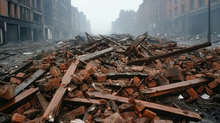 An evocative scene of urban ruins showcasing scattered debris and skeletal remains of buildings, symbolizing the aftermath of destruction and loss in a hauntingly beautiful way.