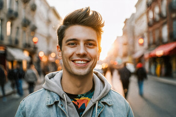 Young Man Smiling on Busy Urban Street at Golden Hour