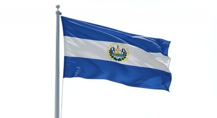 El Salvador's vibrant flag billows proudly against a clear, bright sky.