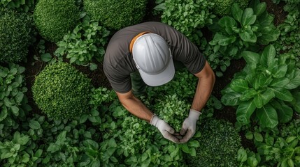 An overhead view of a gardener carefully inspecting green plants, representing dedication and growth, perfect for gardening, agriculture, or eco-friendly themes.