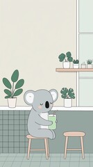 A charming illustration of a koala bear relaxing on a stool with a healthy drink in a cozy cafe with plants. A concept for cute characters and cafe culture