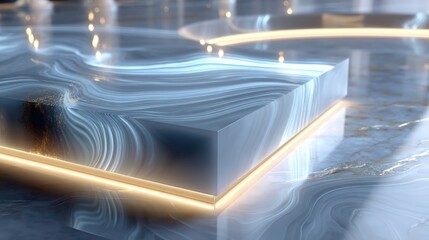 Abstract floating interface on polished marble with subtle liquid metal edge lighting and digital heatmap patterns