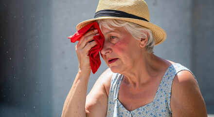 Senior woman in a sun hat wiping her flushed face with a red cloth on a hot, sunny day. Elderly person at risk of heatstroke. For public health announcements on heat safety