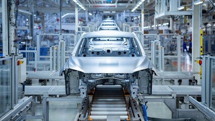 Fototapeta premium Industrial car manufacturing plant with vehicles on assembly line.