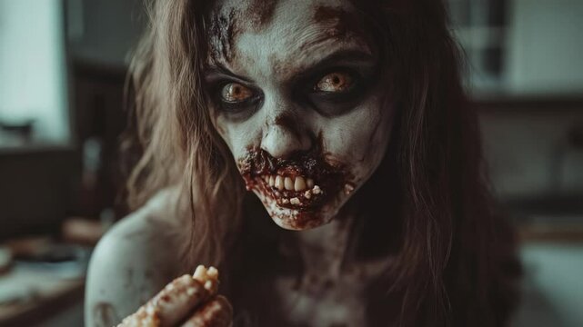 Decaying female zombie consuming human brain inside dilapidated kitchen, representing devastating post apocalyptic horror scenario with graphic flesh decomposition