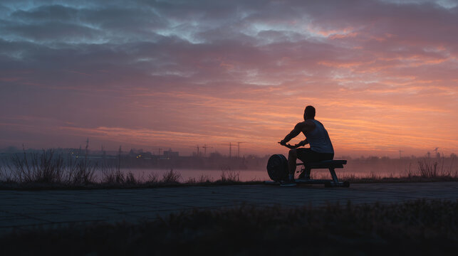 A man rows on a machine as the sun rises, painting the sky with vibrant colors.