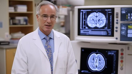 A doctor discusses brain imaging methods while standing next to advanced medical monitors displaying detailed scans - Powered by Adobe