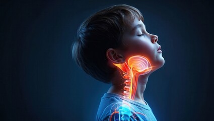 Anatomy of the breathing process. Child breathing with highlighted trachea and lungs in medical visualization.