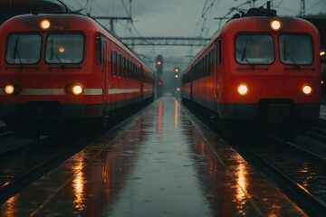 Obraz premium Two red trains stopped at station under rainy weather with moody atmosphere.