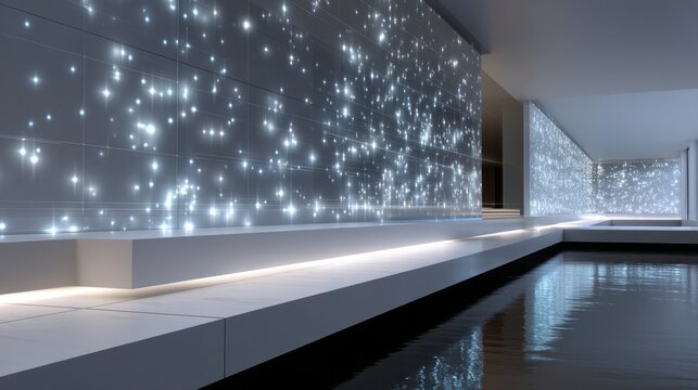 Soft data glow reflected across white terrazzo and matte aluminum, digital mesh HUD interface with chrome trim