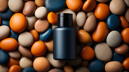 Dark blue cosmetic bottle centred amidst smooth polished pebbles in earthy tones
