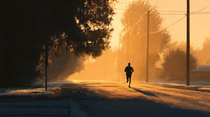 A runner at sunrise enjoys the solitude of a morning run, with a warm golden glow.