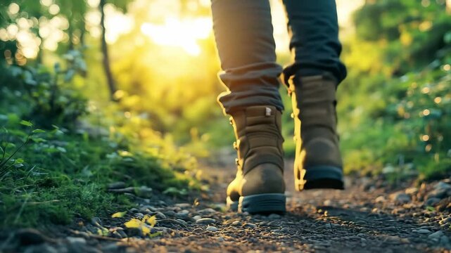 A person in hiking boots walks along a forest path as the sun sets, casting warm light and creating a tranquil atmosphere