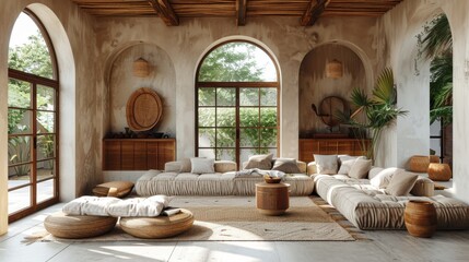 A beautifully designed modern living room featuring natural light, cozy seating, and earthy tones, creating an inviting and serene atmosphere for relaxation and social gatherings.