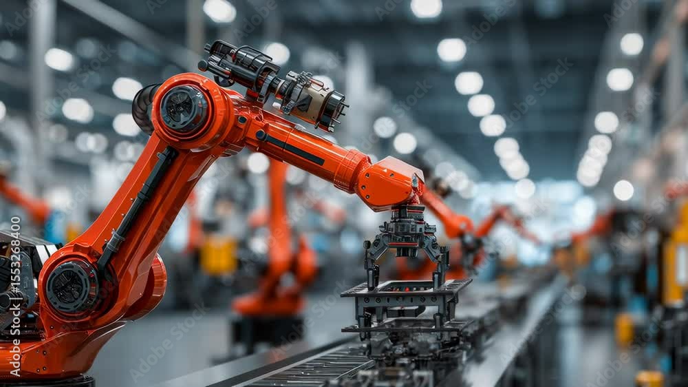 Poster automated robotic assembly line in modern factory - close-up view of an orange robotic arm manipulat