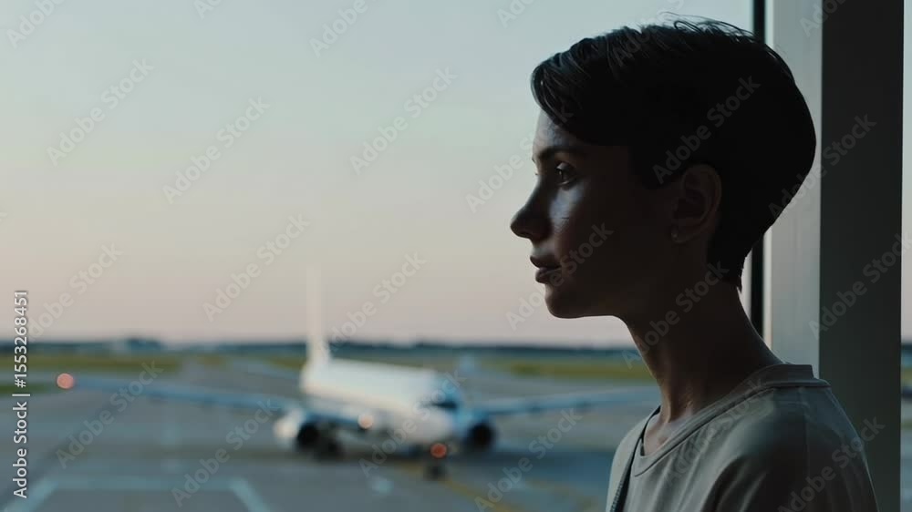 Poster contemplative passenger gazing through airport window, observing aircraft on tarmac, silently reflec