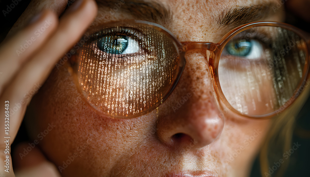 Poster digital eye exam woman s face with projected binary code highlighting ophthalmology technology