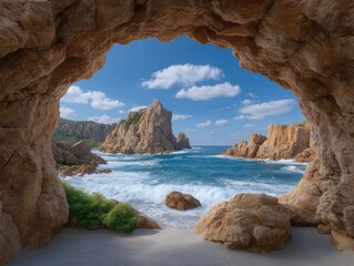 Fototapeta premium Rugged Rocky Coastline with Waves Crashing Against Shoreline